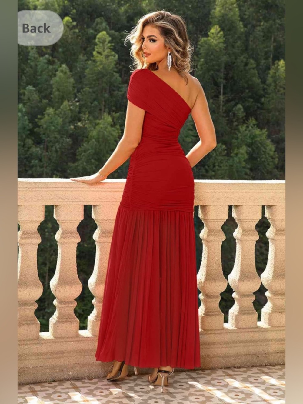 Amazon One-Shoulder Burgundy Ruched Evening Gown
